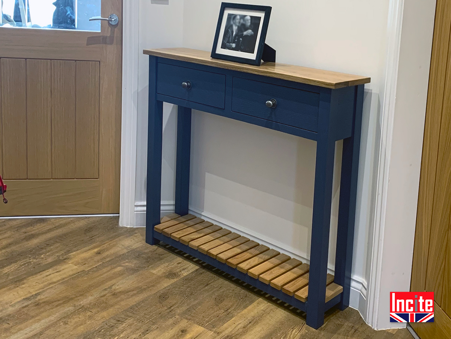 Bespoke Painted Console Table with Solid Oak Top and Shelf Incite